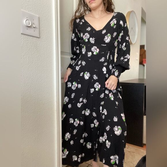 Free People So Sweet Midi Dress Size Medium Black Floral Long Sleeve - Picture 3 of 6